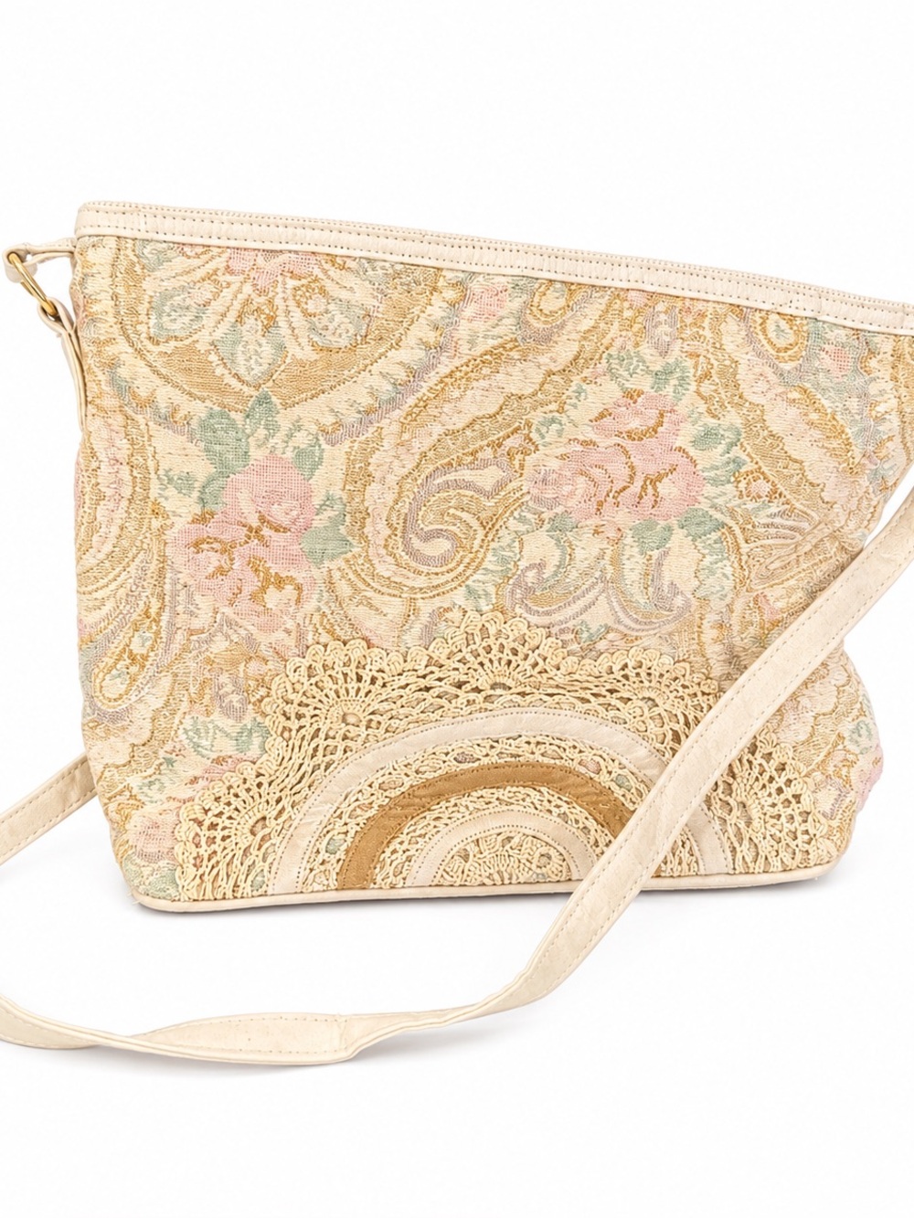Vintage Valerie Barad Boho Lace Accent Cream Crossbody Bag
